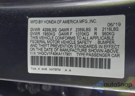 2019 Honda Accord Ex z USA, uszkodzony, nr VIN 1HGCV1F40KA117901
